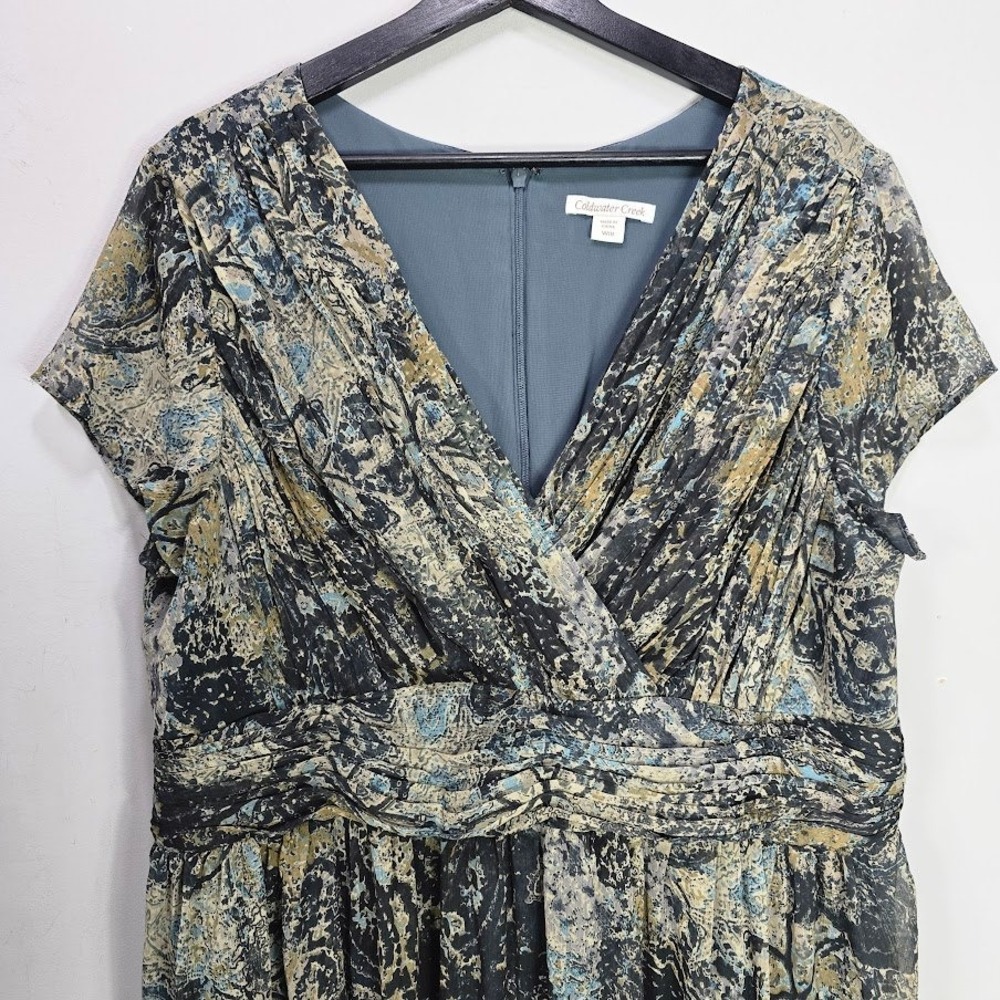 Coldwater Creek Midi Dress 18 Abstract V Neck Short Sleeve Gathered Waist Church - Picture 2 of 13